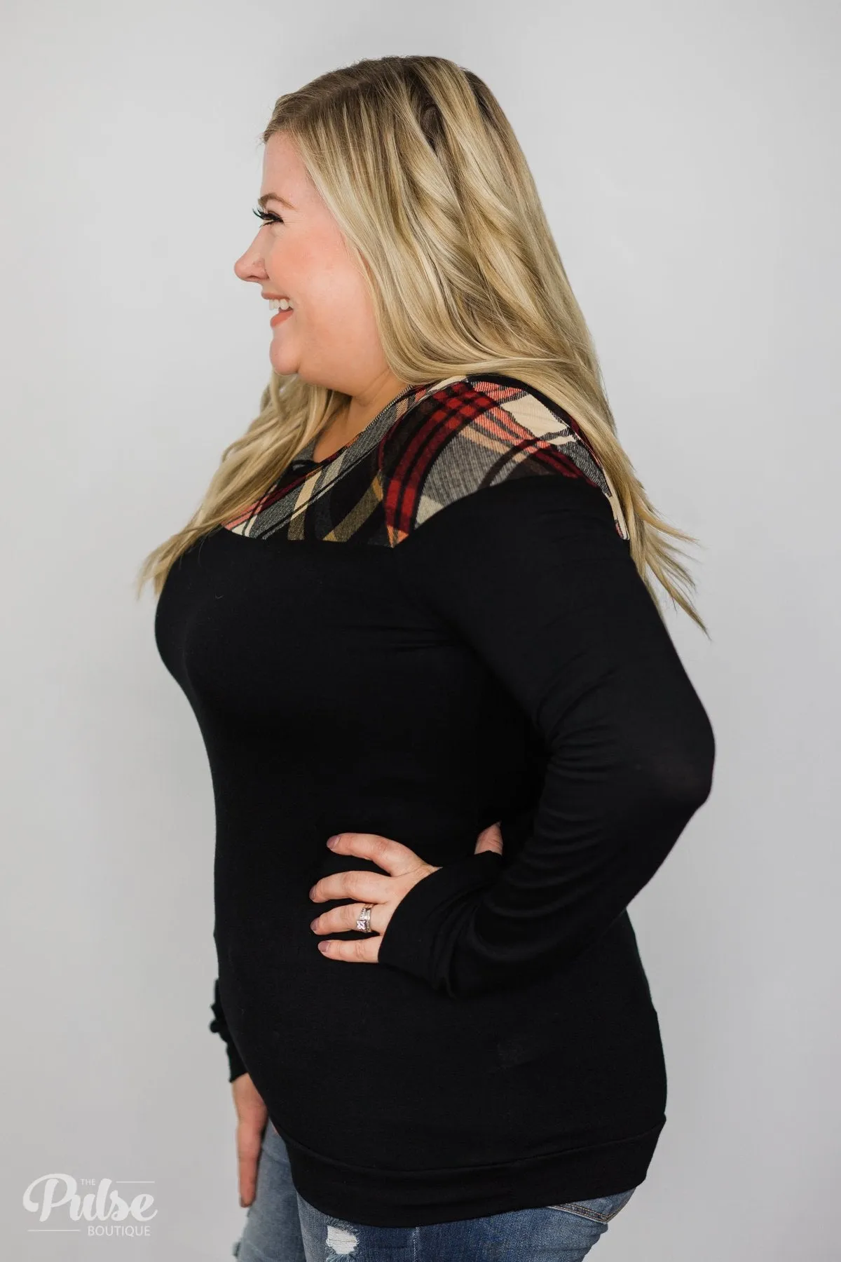 Black & Plaid Long Sleeve Top