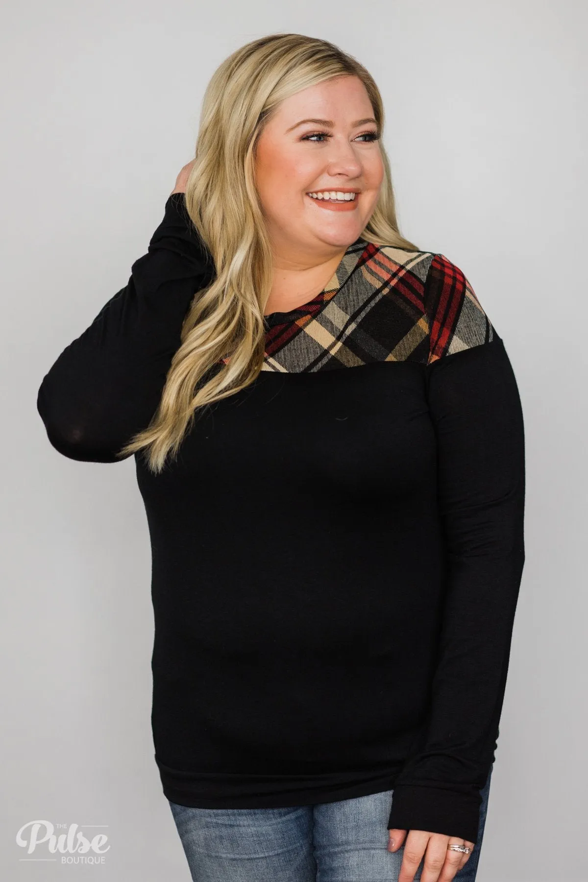 Black & Plaid Long Sleeve Top