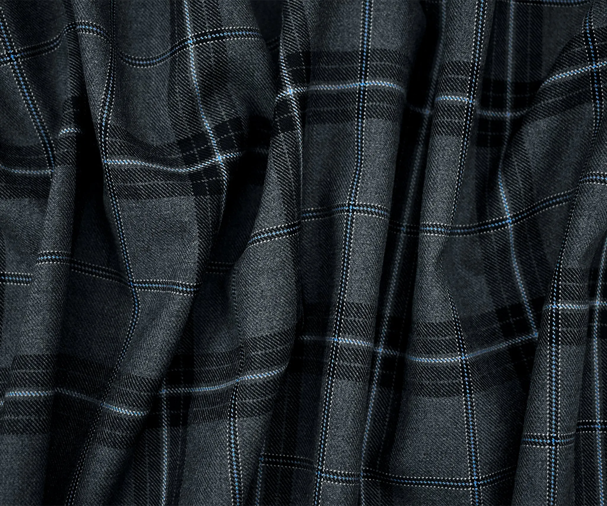 Black-Blue-Gray Poly-Wool Plaid Twill Suiting Woven Fabric