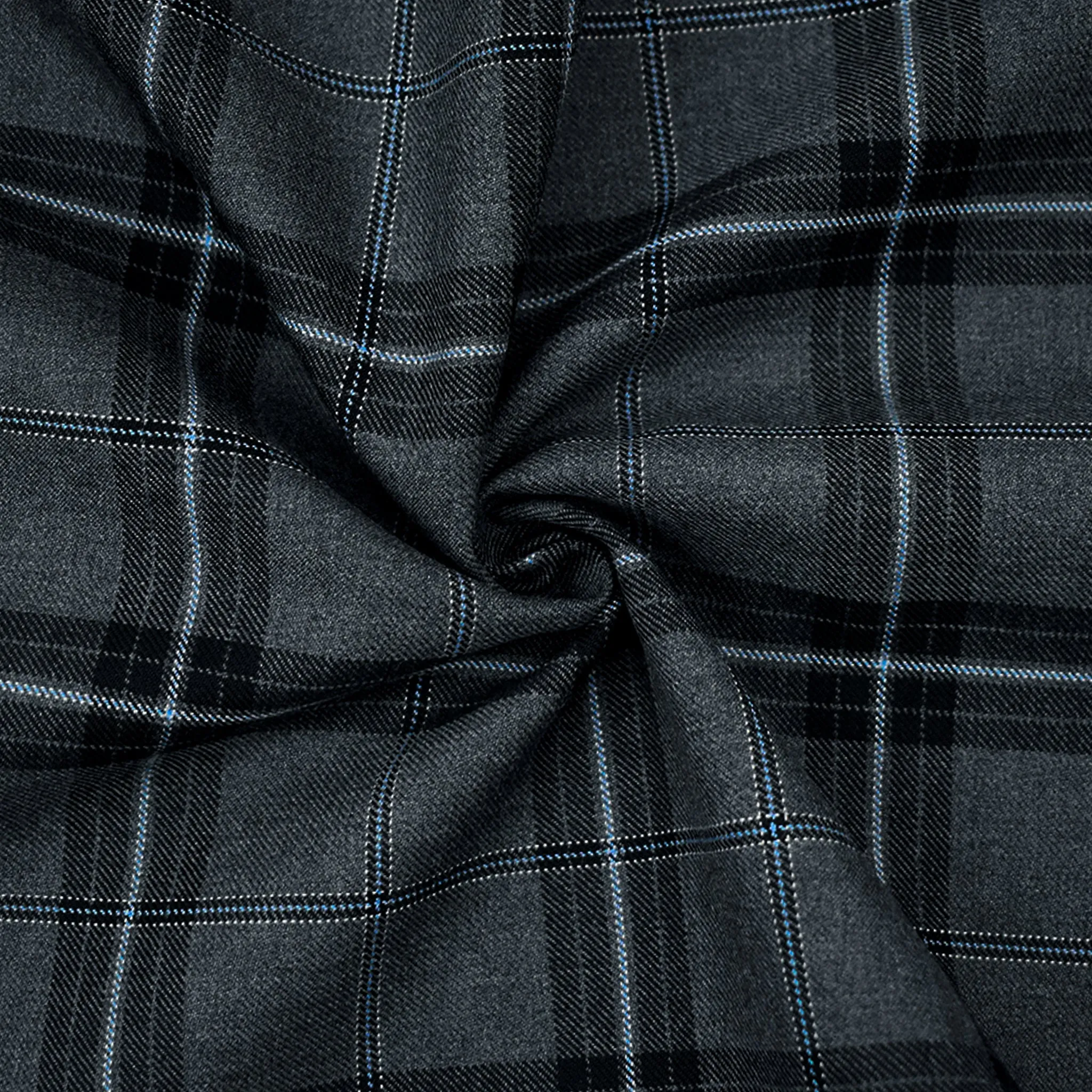 Black-Blue-Gray Poly-Wool Plaid Twill Suiting Woven Fabric