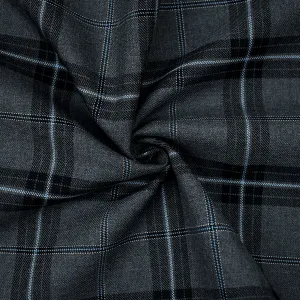 Black-Blue-Gray Poly-Wool Plaid Twill Suiting Woven Fabric