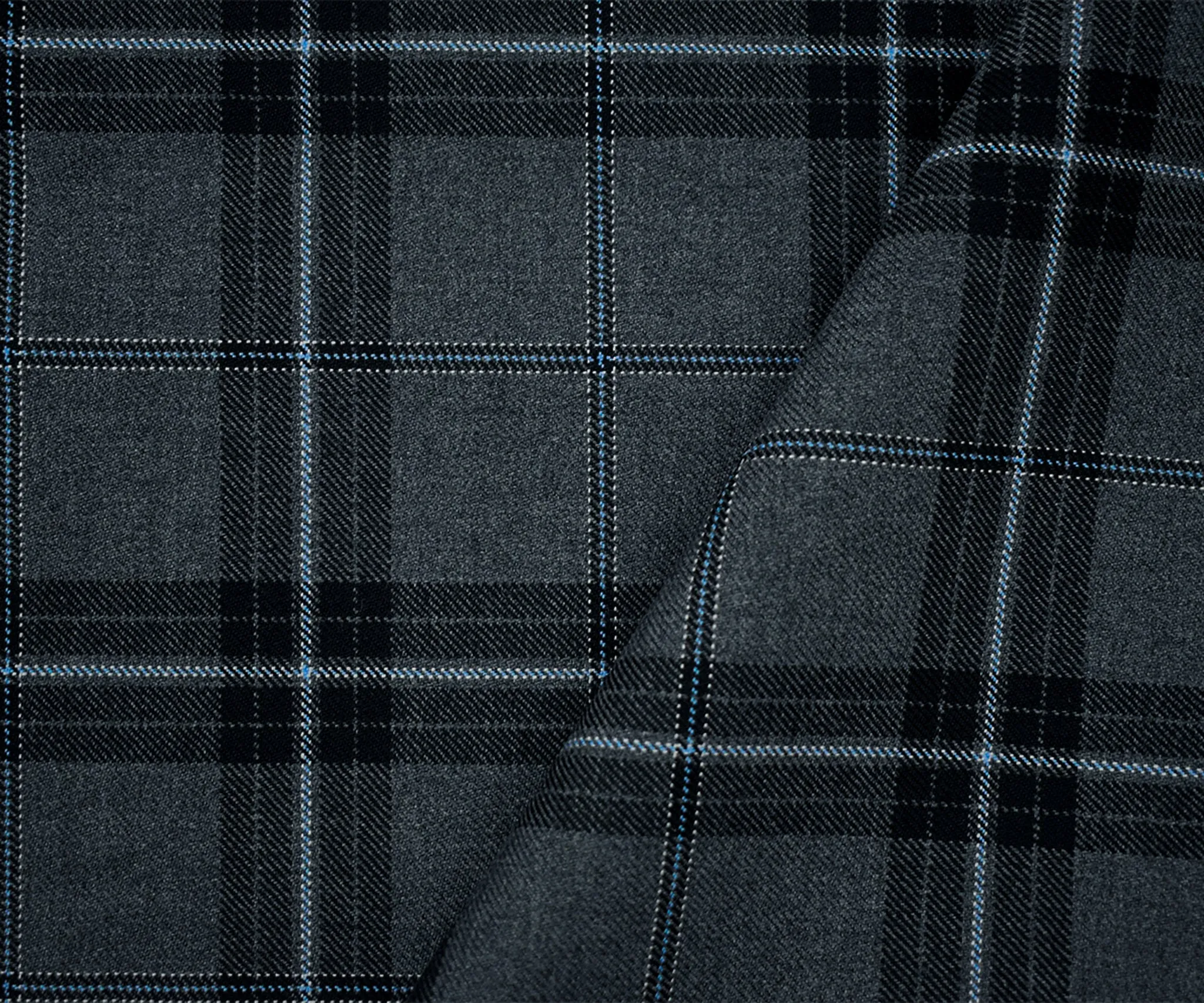 Black-Blue-Gray Poly-Wool Plaid Twill Suiting Woven Fabric