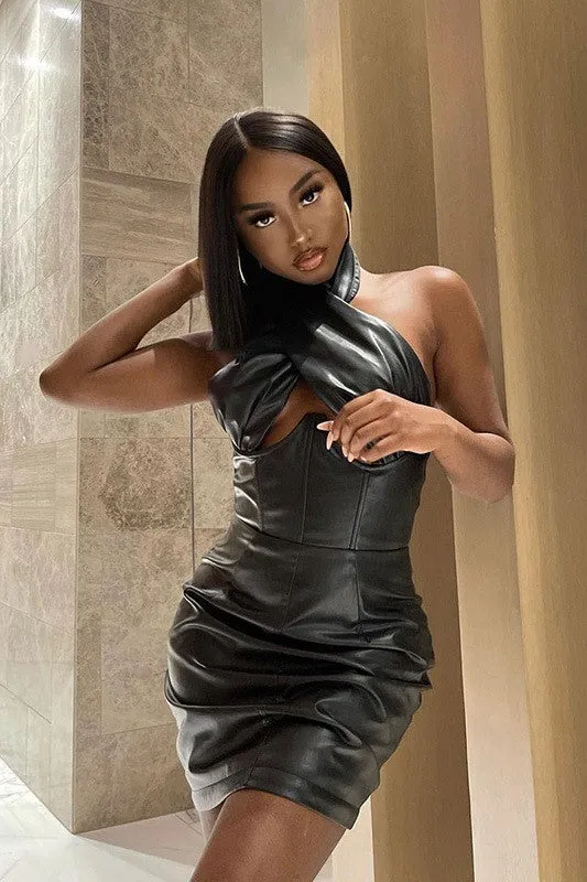 Black Faux Leather Crossover Halterneck Mini Dress