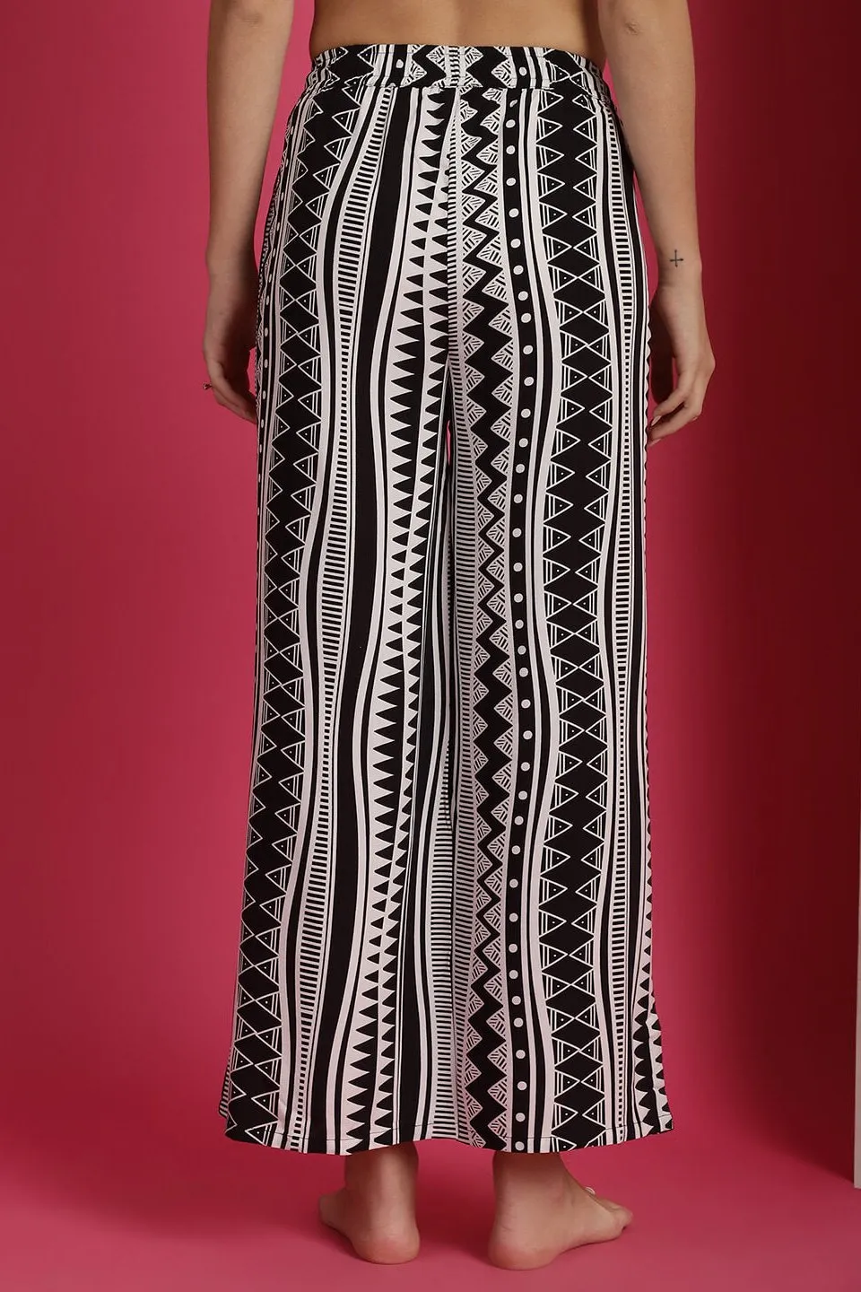 Black Geometric Printed Viscose Rayon Mid-Rise Flared Lounge Pants