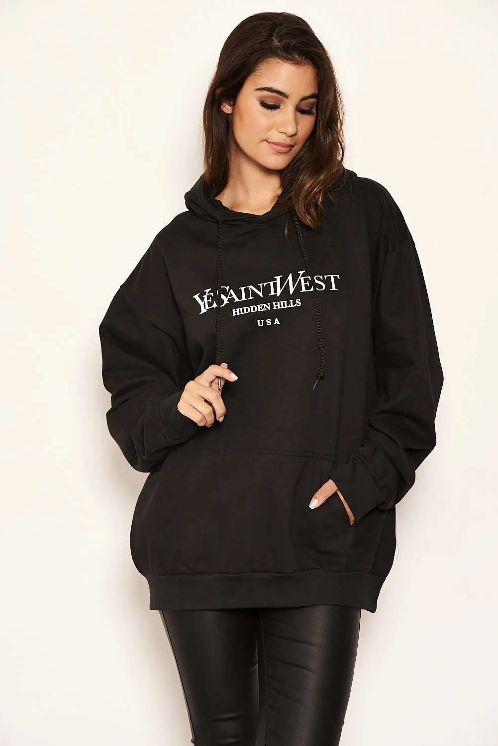Black Slogan Printed Hoody