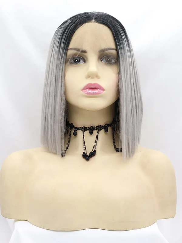 Black/Grey Short Wavy Ombre Bob Synthetic Lace Front Wig Bob ombre wigs