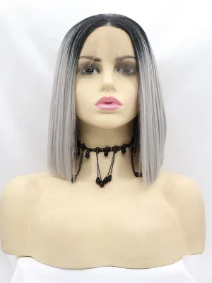 Black/Grey Short Wavy Ombre Bob Synthetic Lace Front Wig Bob ombre wigs