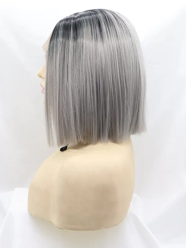 Black/Grey Short Wavy Ombre Bob Synthetic Lace Front Wig Bob ombre wigs