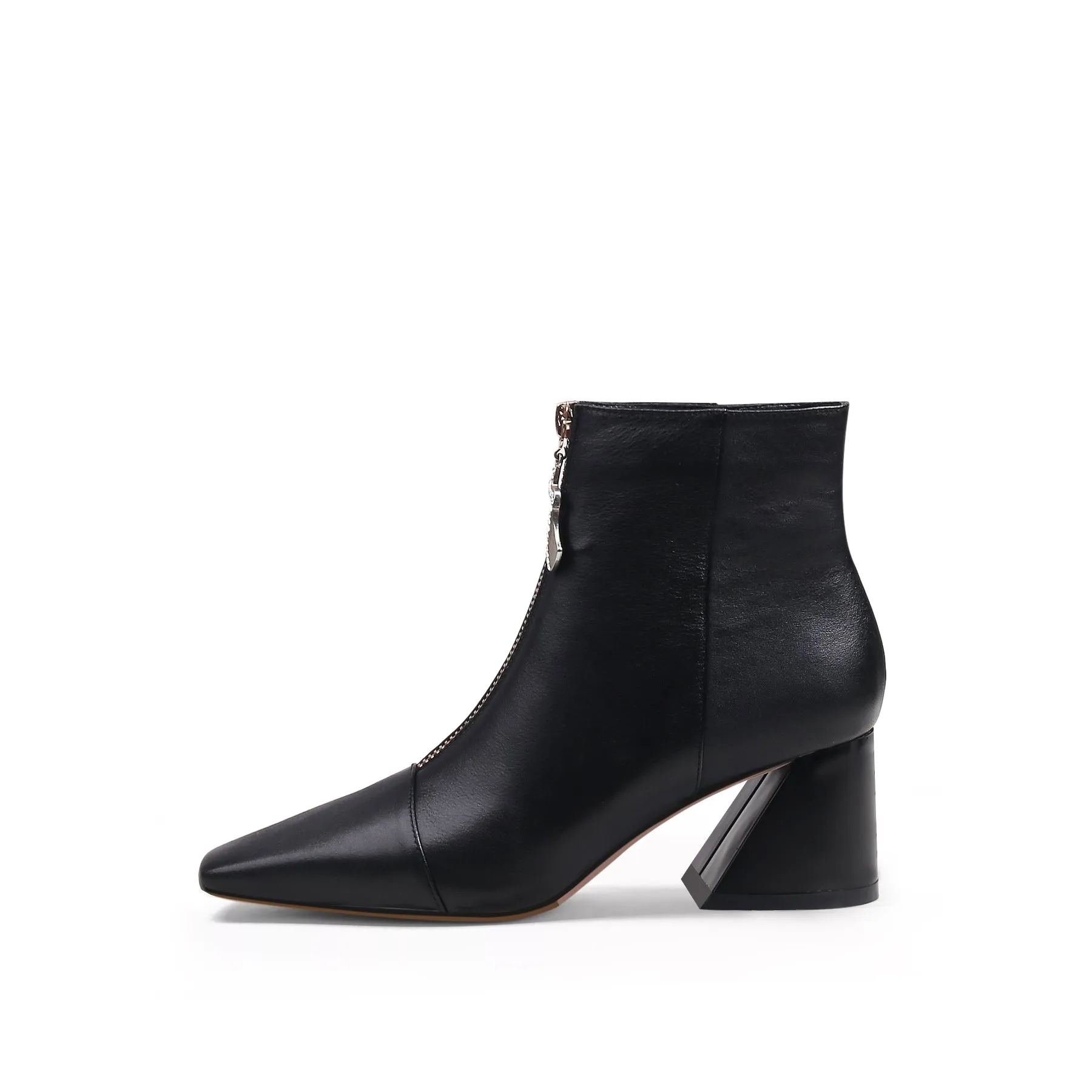 Block Heel Leather Ankle Boot - Black