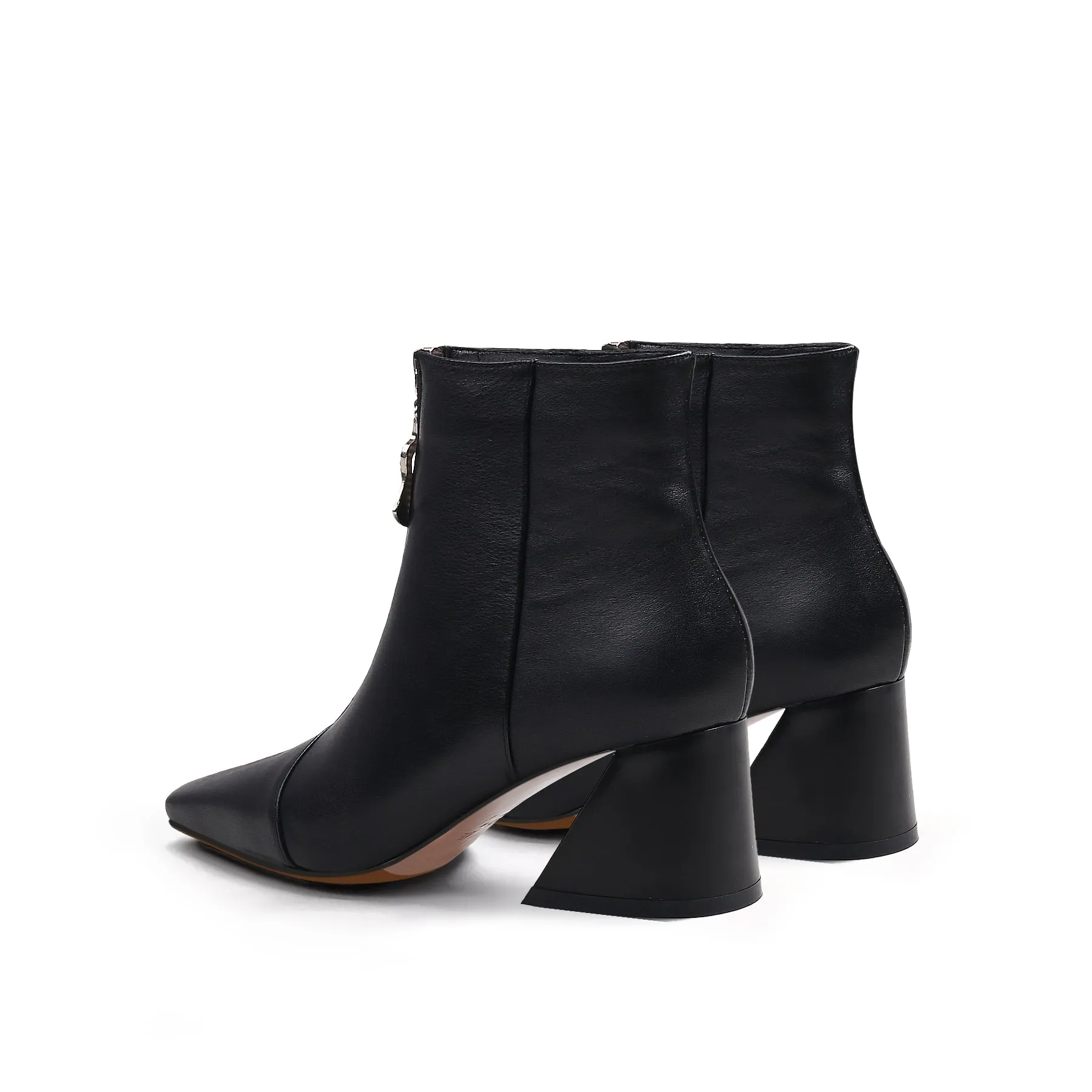 Block Heel Leather Ankle Boot - Black