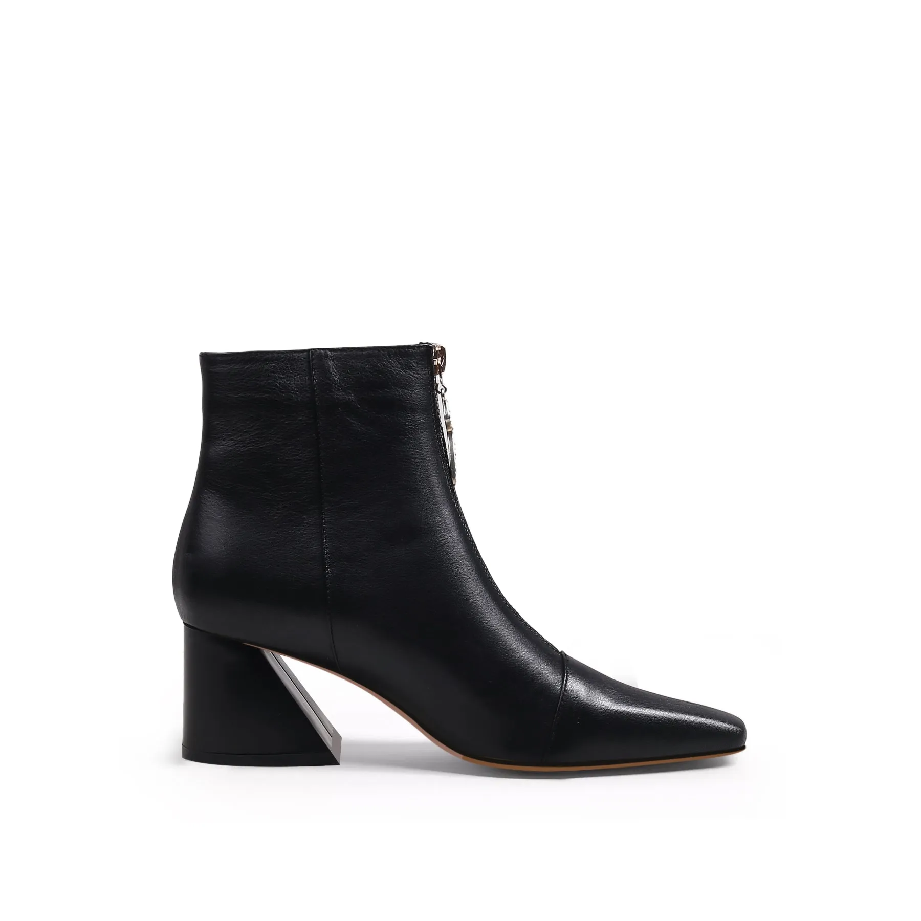 Block Heel Leather Ankle Boot - Black