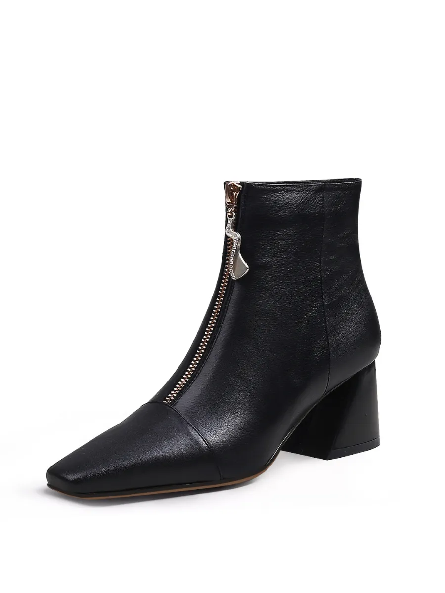 Block Heel Leather Ankle Boot - Black
