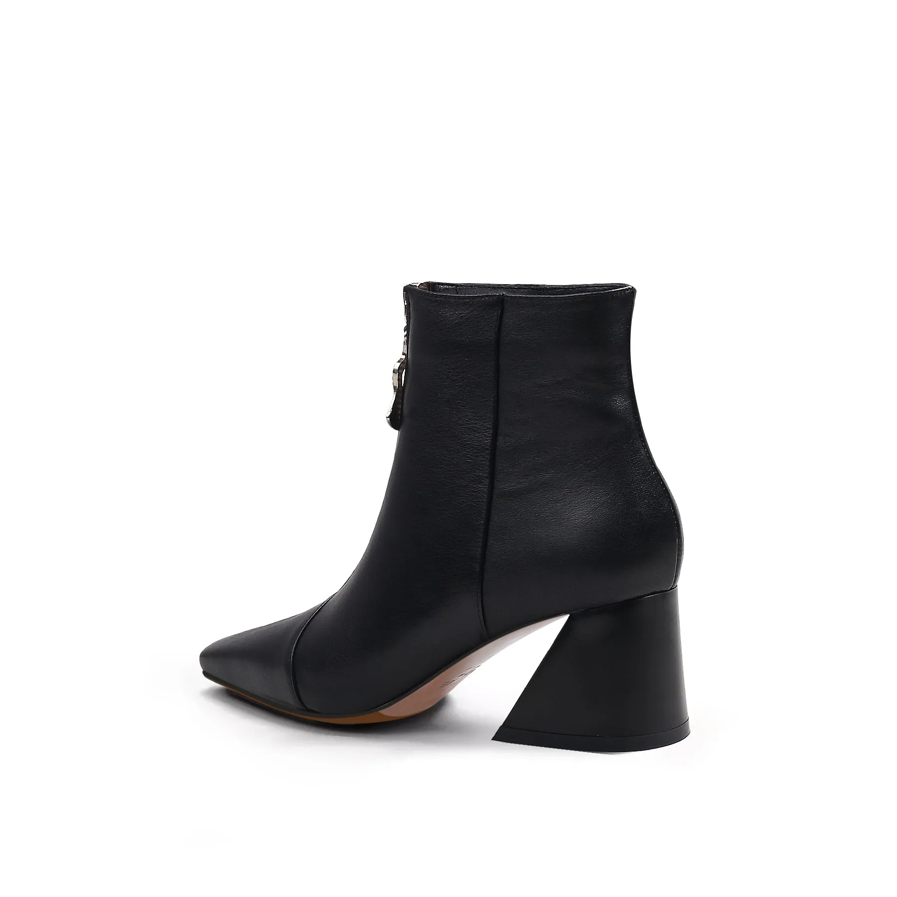 Block Heel Leather Ankle Boot - Black