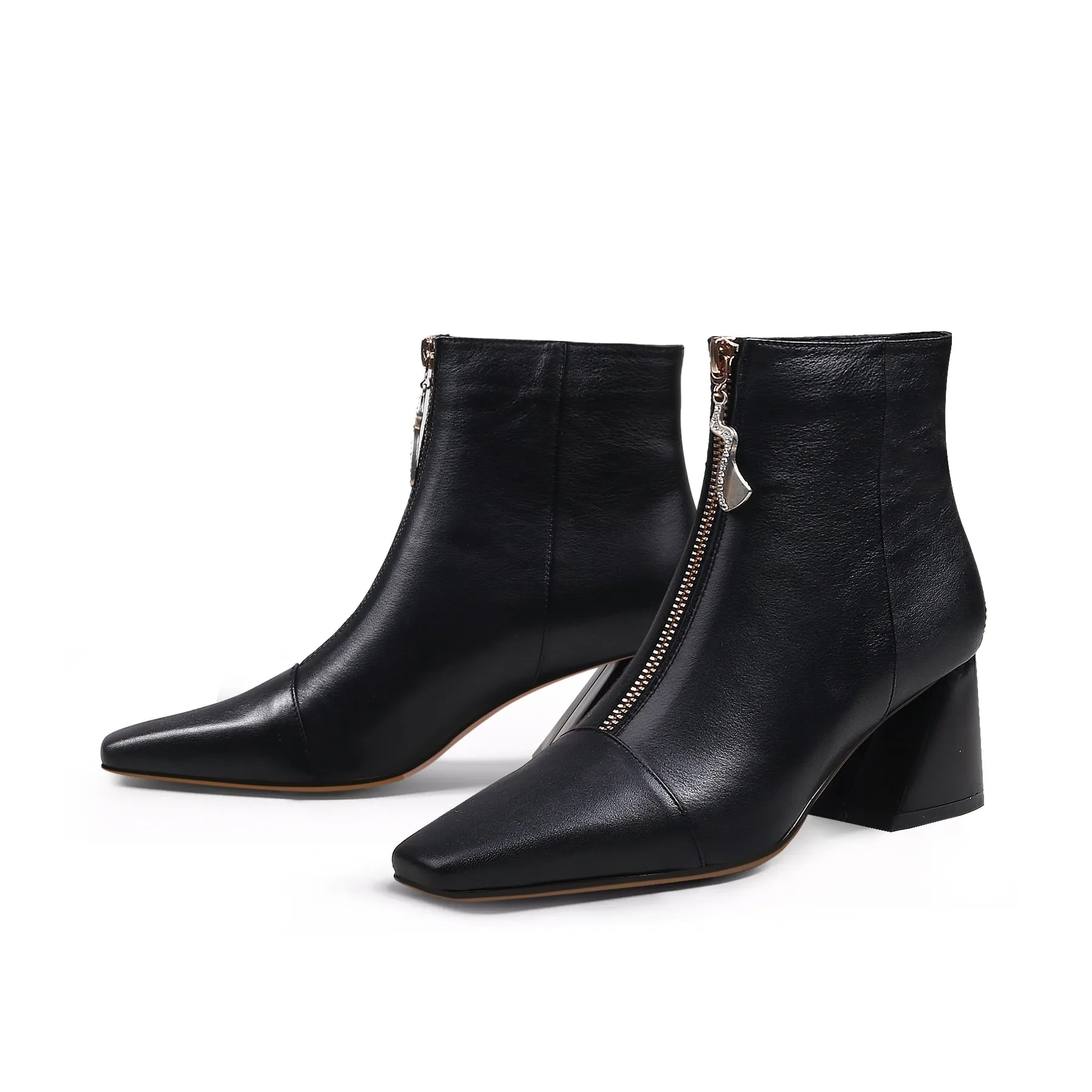 Block Heel Leather Ankle Boot - Black