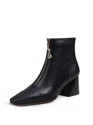 Block Heel Leather Ankle Boot - Black