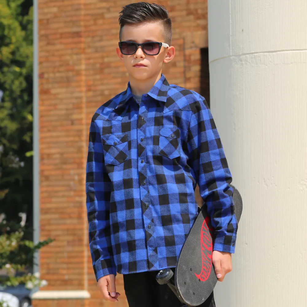 Blue and Black Plaid Marine Knuckleheads Long Sleeve Rockabilly Shirt