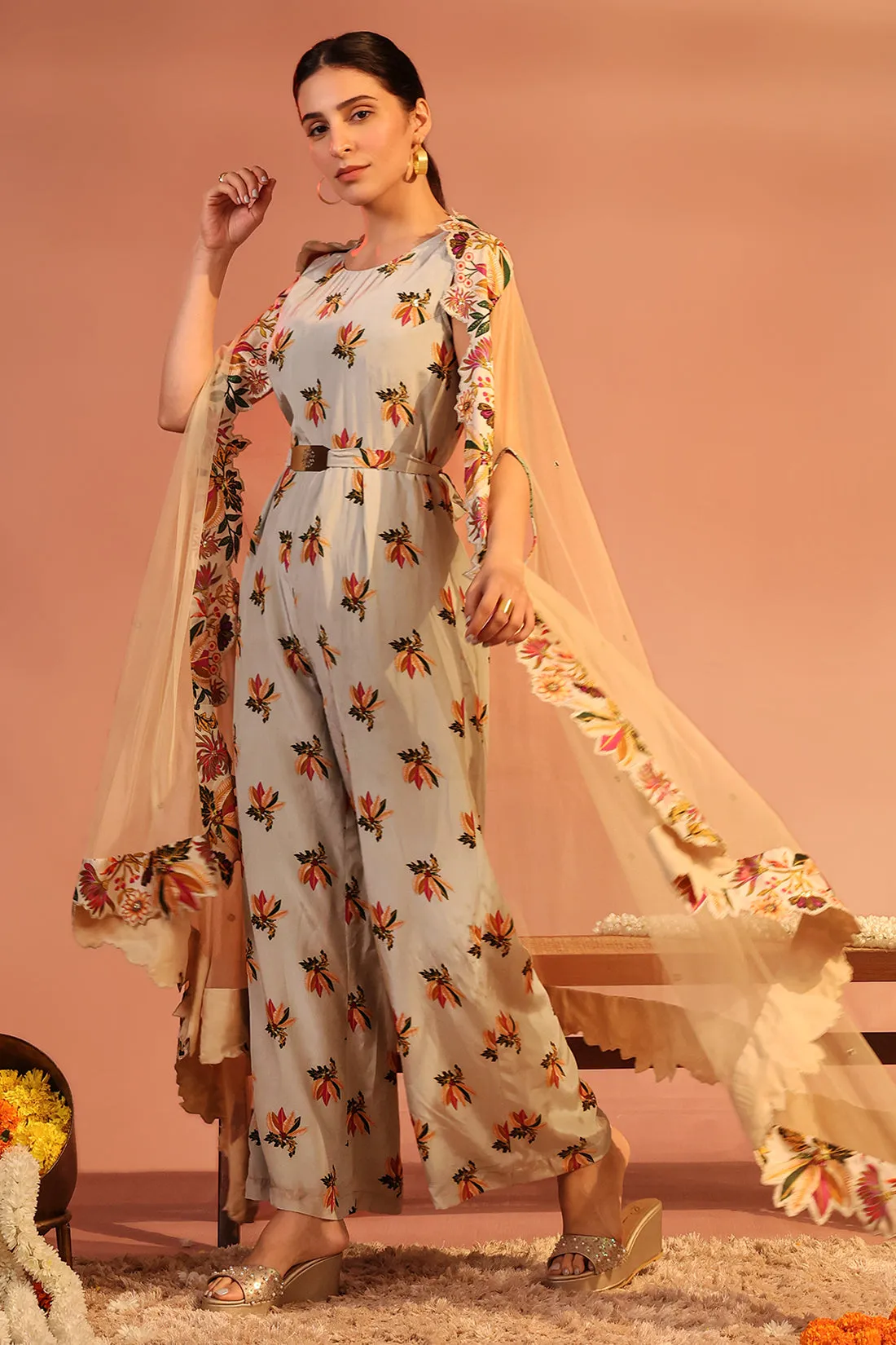 Blue arani printed jumpsuit set