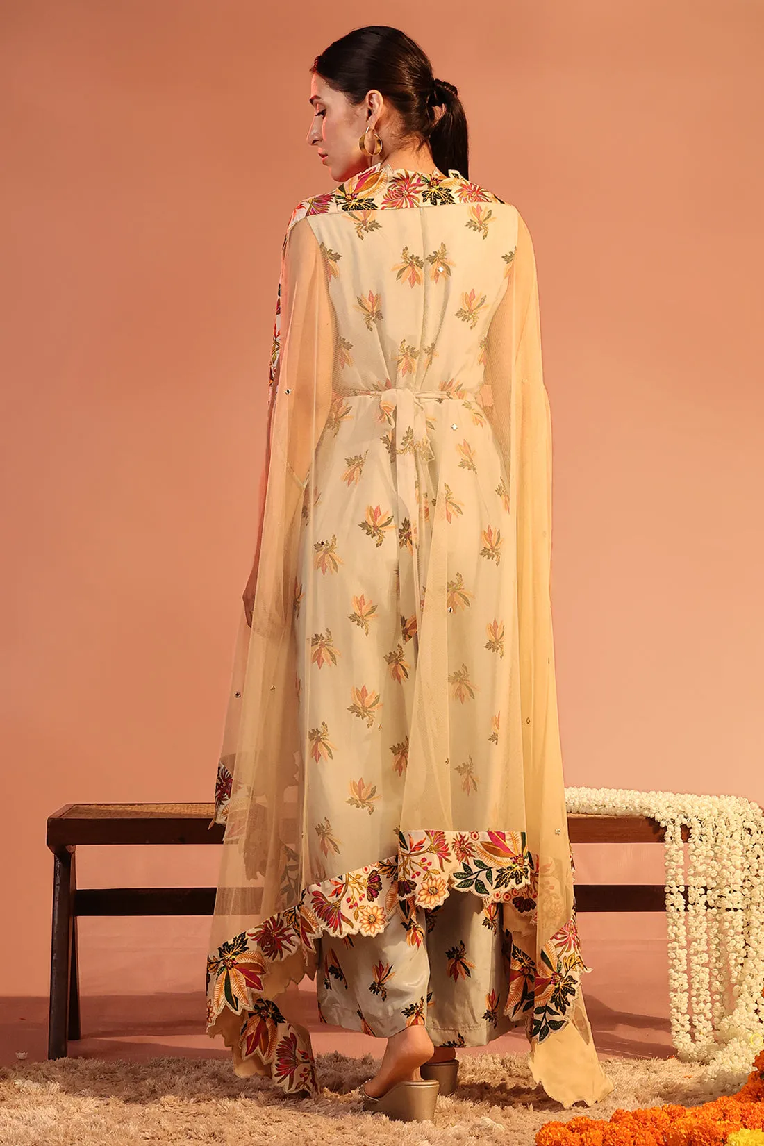 Blue arani printed jumpsuit set