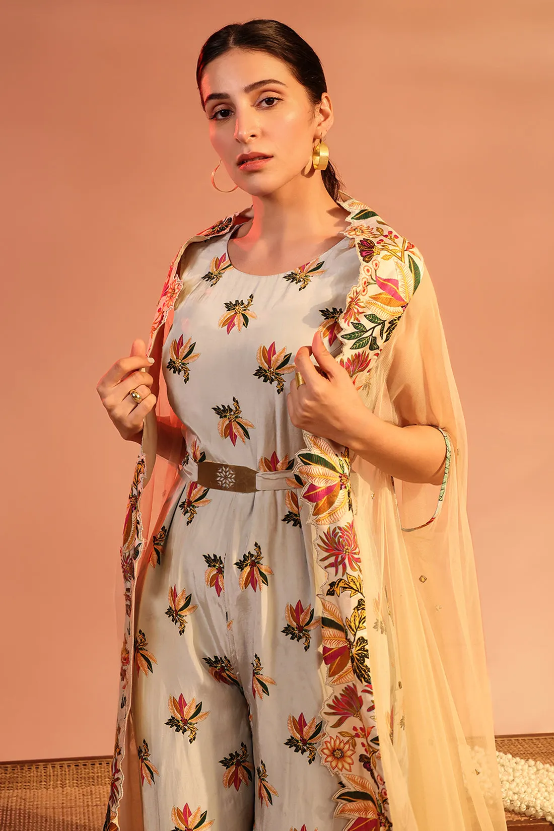 Blue arani printed jumpsuit set