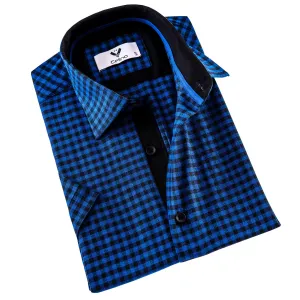 Blue Black Checkered Men's Short Sleeves Shirt- Tailored Slim Fit Cotton Dress Shirts