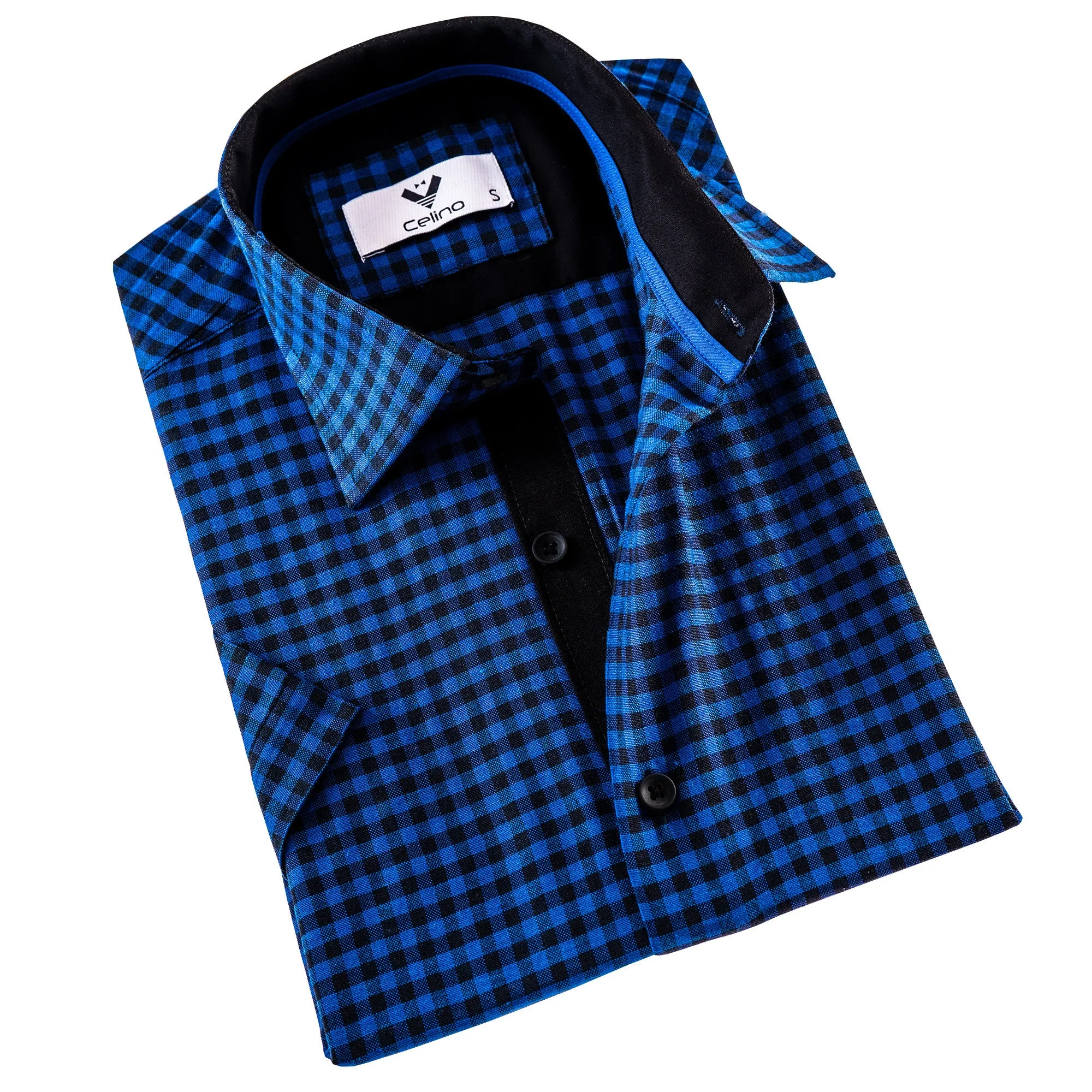 Blue Black Checkered Men's Short Sleeves Shirt- Tailored Slim Fit Cotton Dress Shirts