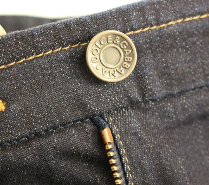 Blue Cotton Solid Pattern Logo Jeans Pants