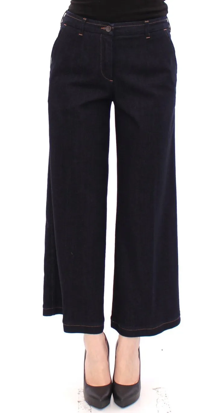 Blue Cotton Solid Pattern Logo Jeans Pants