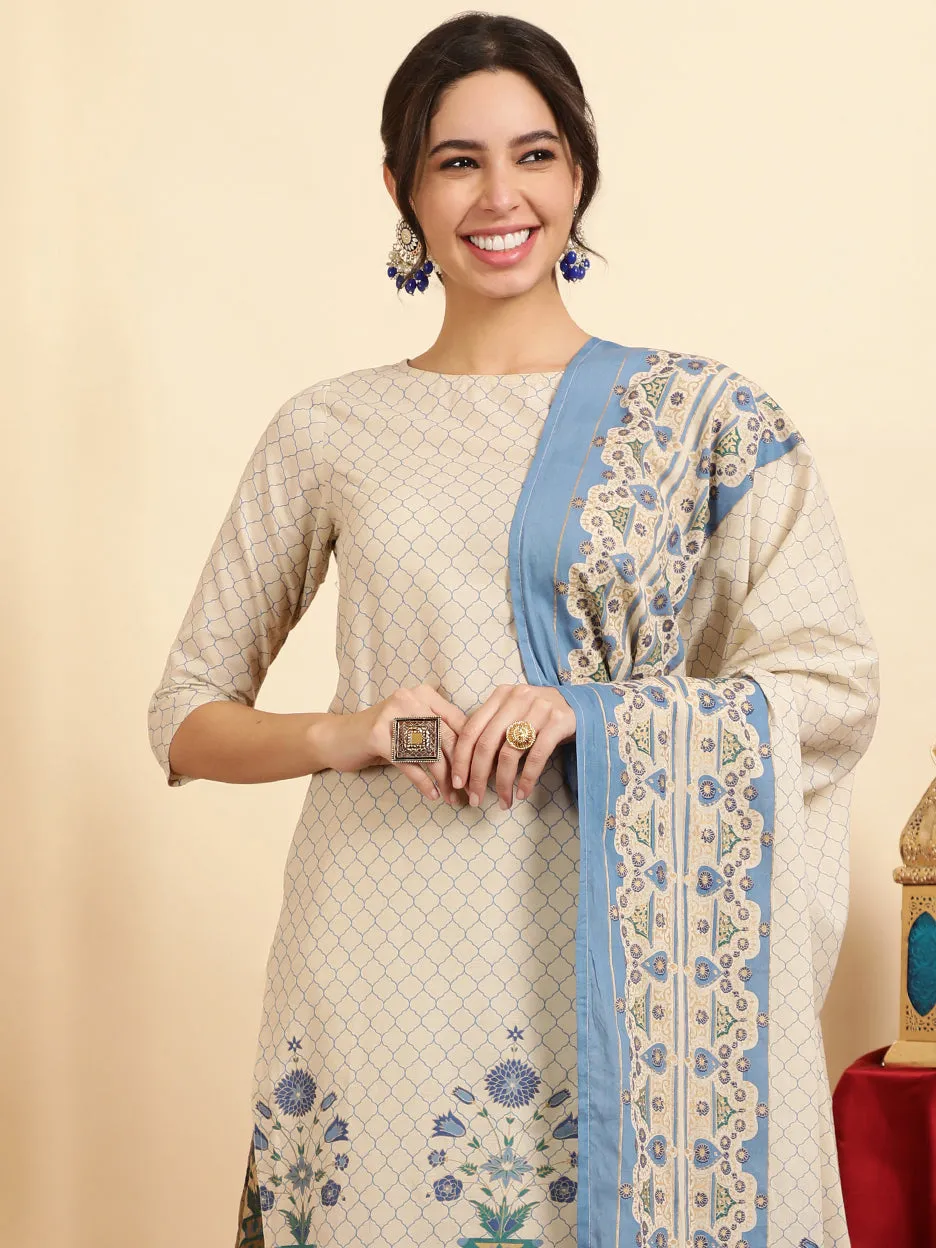 Blue Ethnic Motif Guldasta Cotton Straight Kurta With Pants And Dupatta