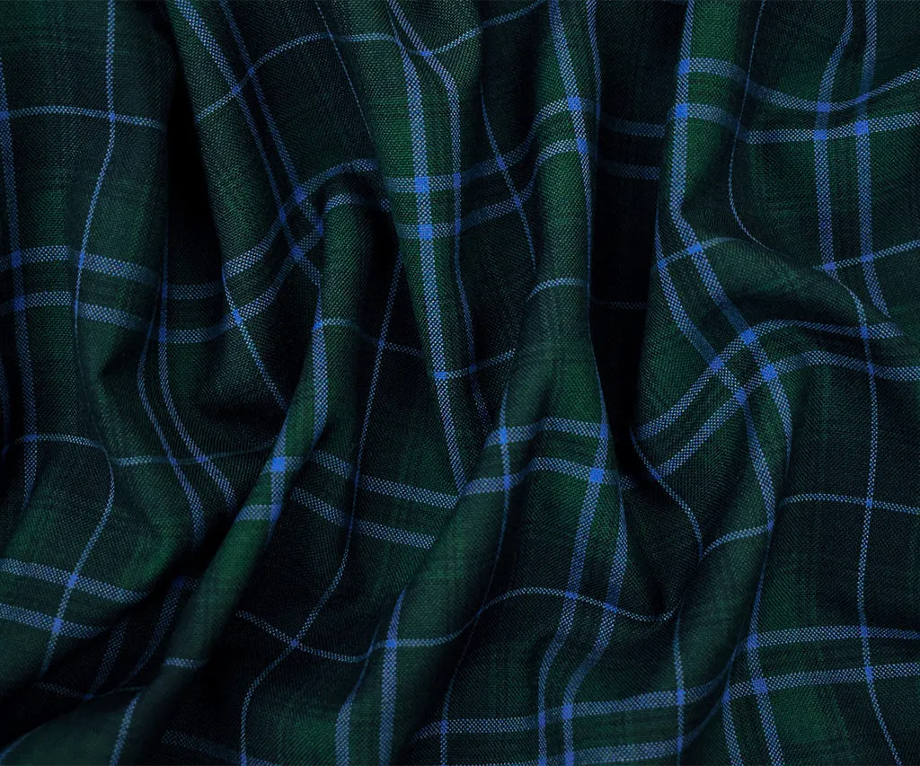 Blue-Green-Multi Poly Wool Plaid Check Shirting Woven Fabric