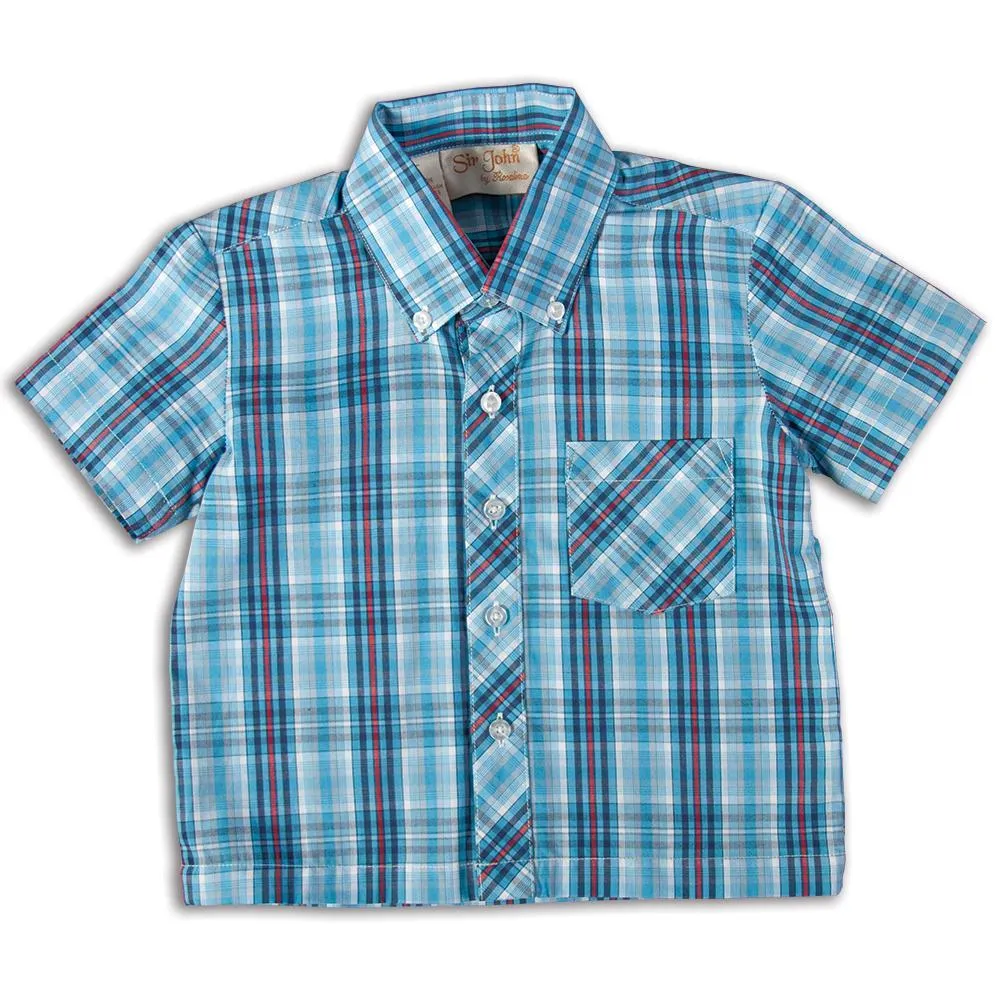 Blue Grey Red Plaid Short Sleeve Polo Shirt