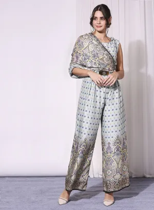 Blue Printed Sleeveless Jumpsuit