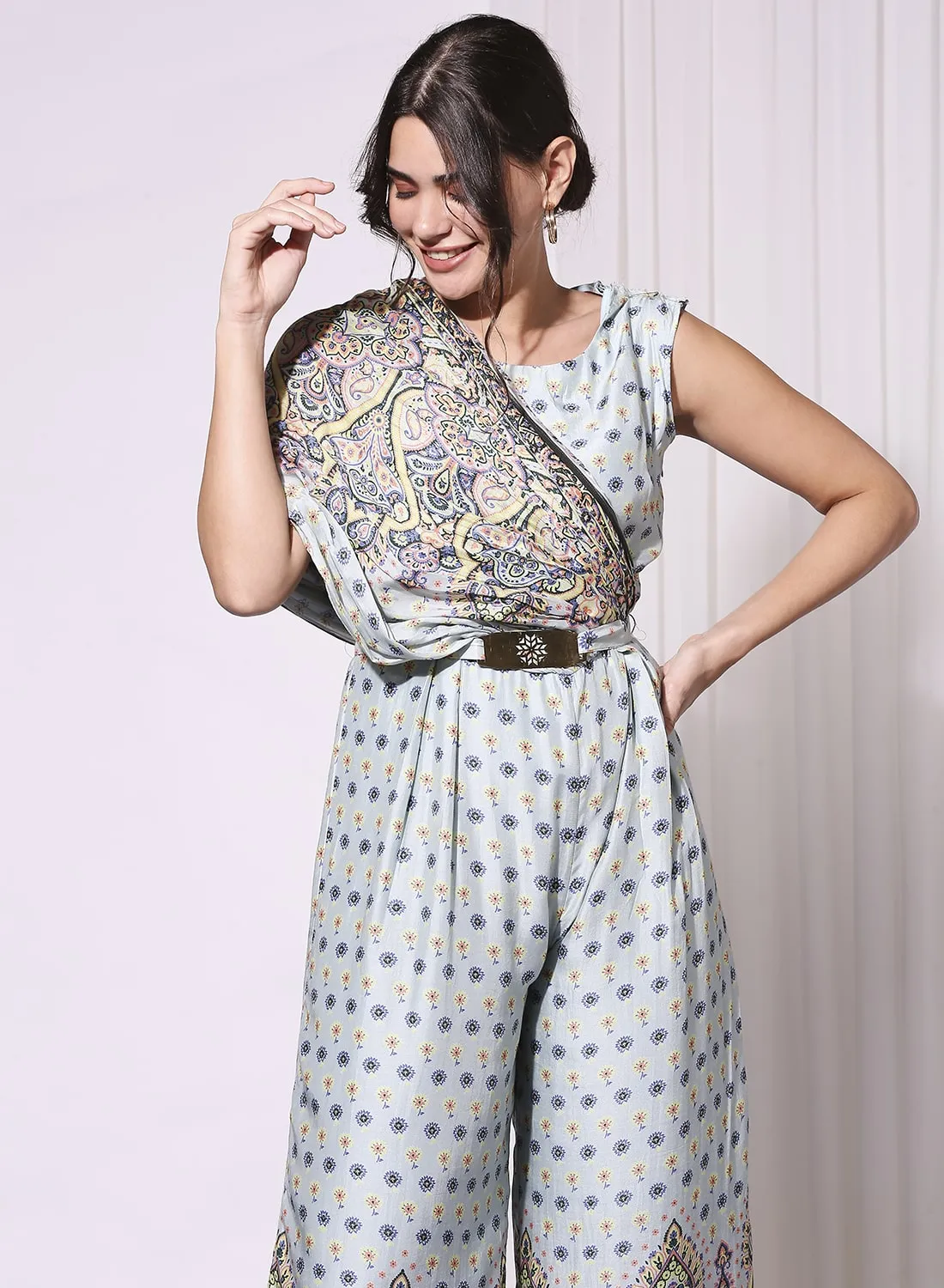 Blue Printed Sleeveless Jumpsuit