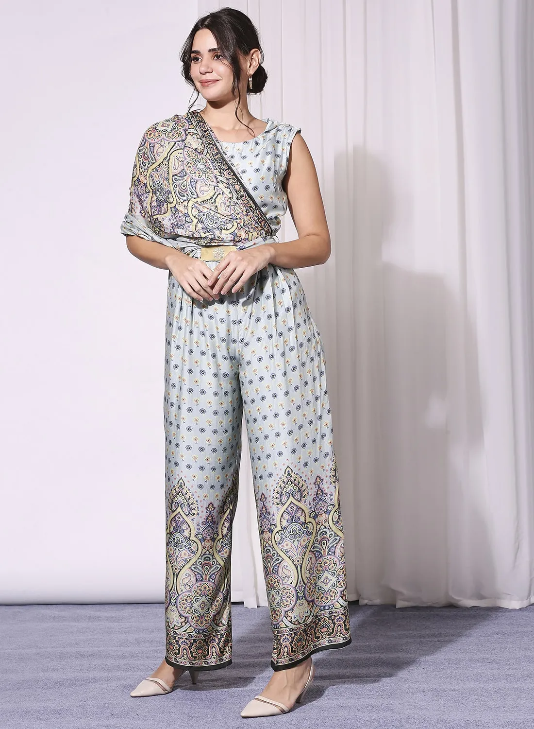 Blue Printed Sleeveless Jumpsuit
