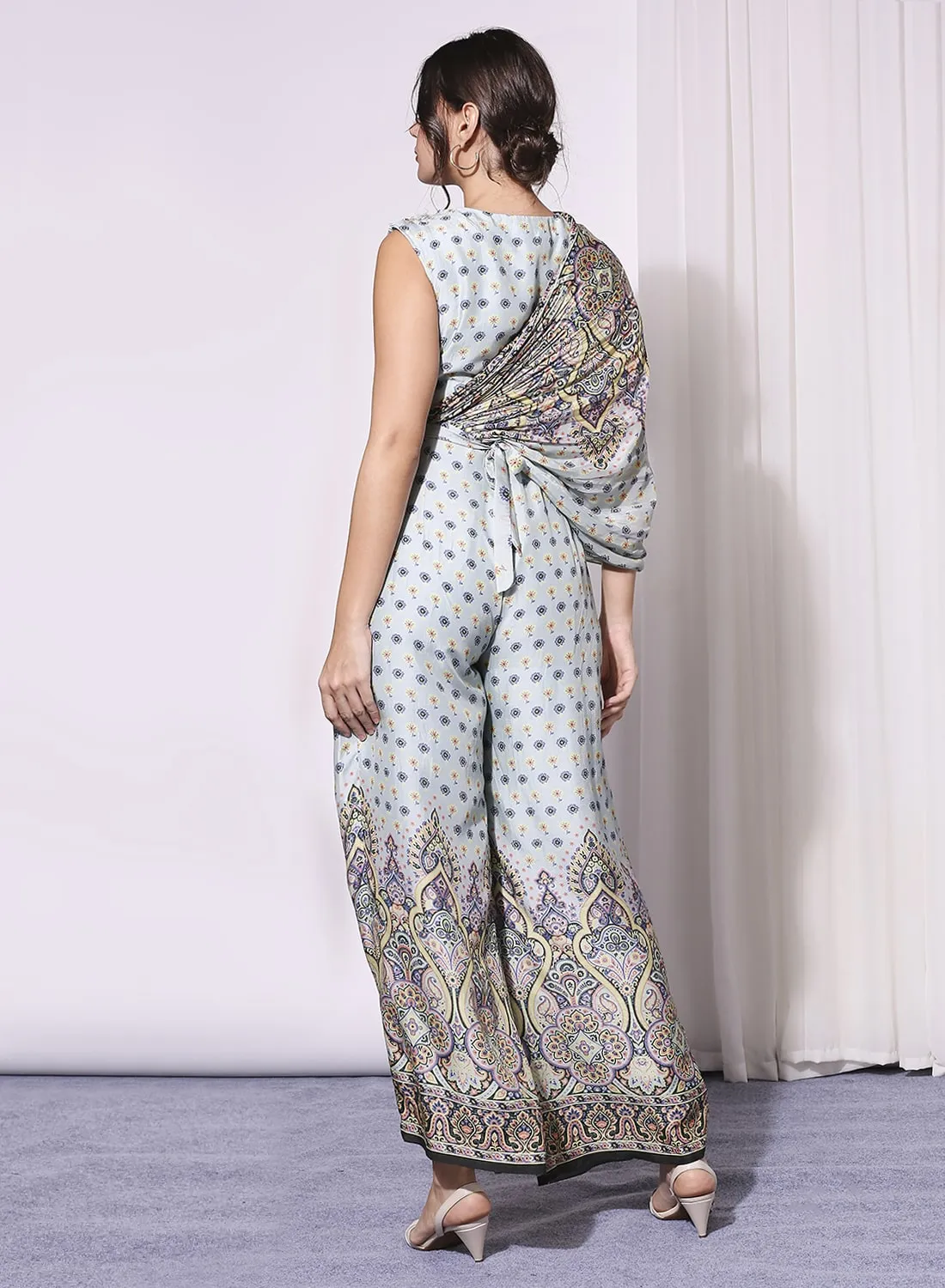 Blue Printed Sleeveless Jumpsuit