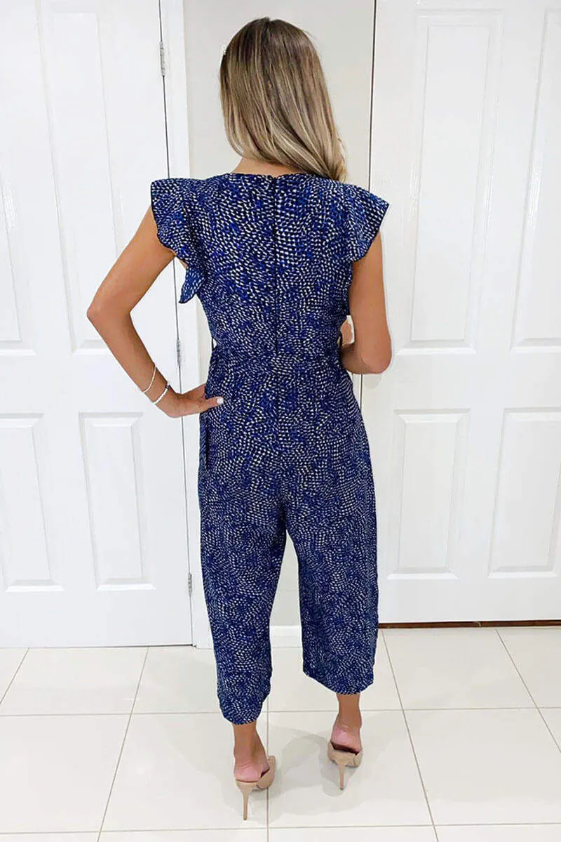Blue Printed V-Neck Frill Jumpsuit