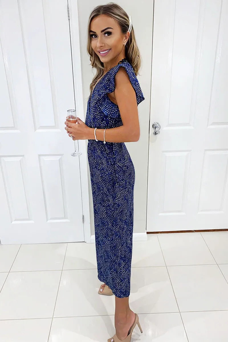 Blue Printed V-Neck Frill Jumpsuit