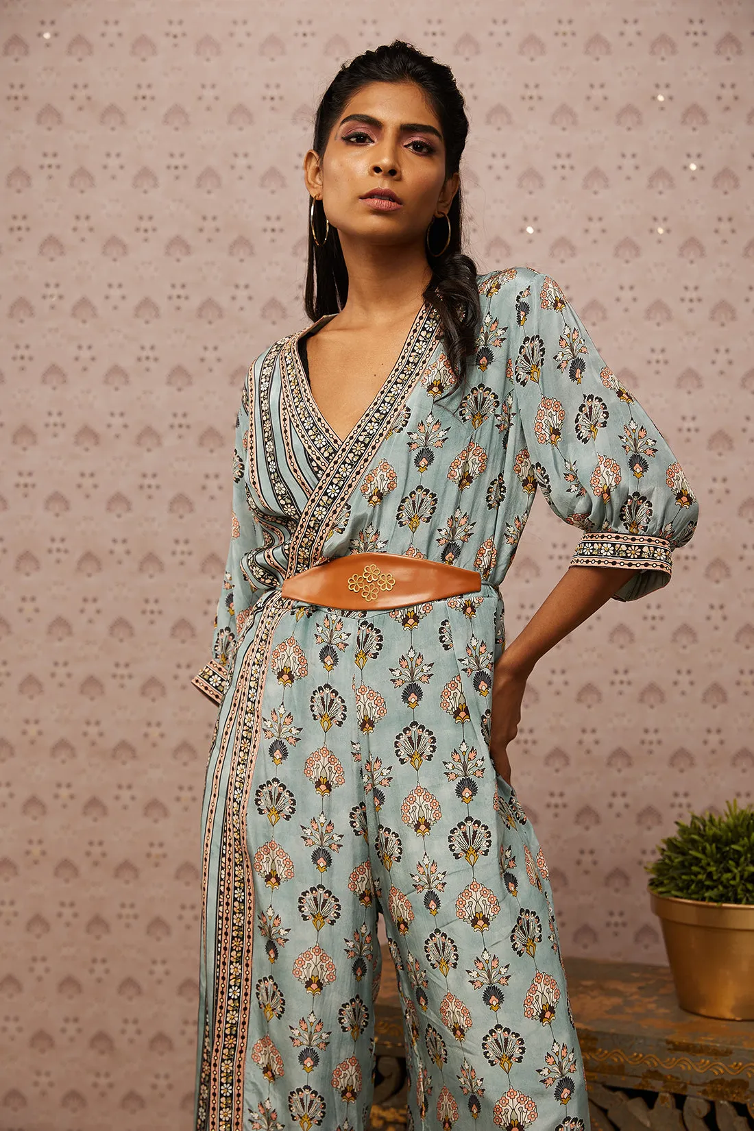 Blue Sarouk Printed Overlap Jumpsuit With Belt