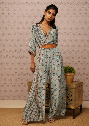 Blue Sarouk Printed Overlap Jumpsuit With Belt