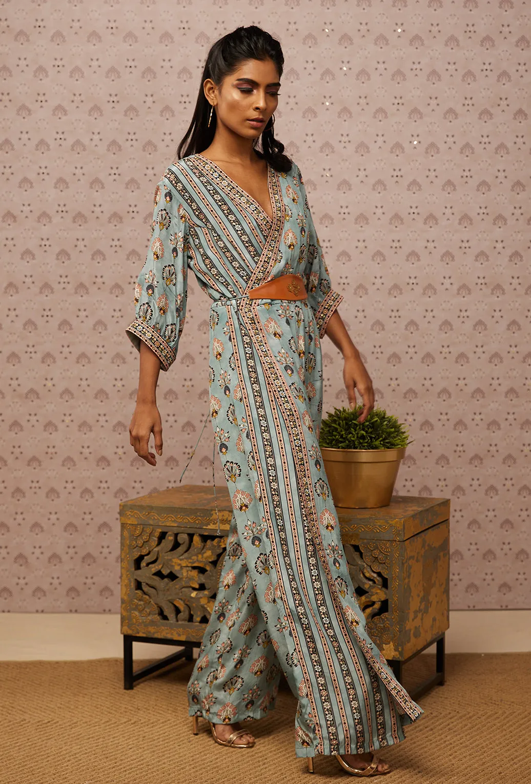 Blue Sarouk Printed Overlap Jumpsuit With Belt