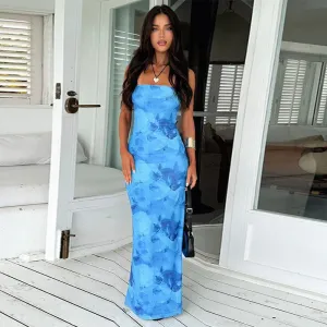 Blue Tube Printed Mesh Dress