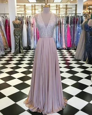 Blush Pink Silk Chiffon Prom Dresses with Sequins Beaded 2018 Elegant Prom Gowns V-Neck