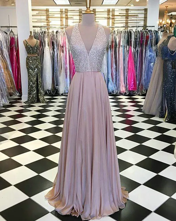 Blush Pink Silk Chiffon Prom Dresses with Sequins Beaded 2018 Elegant Prom Gowns V-Neck