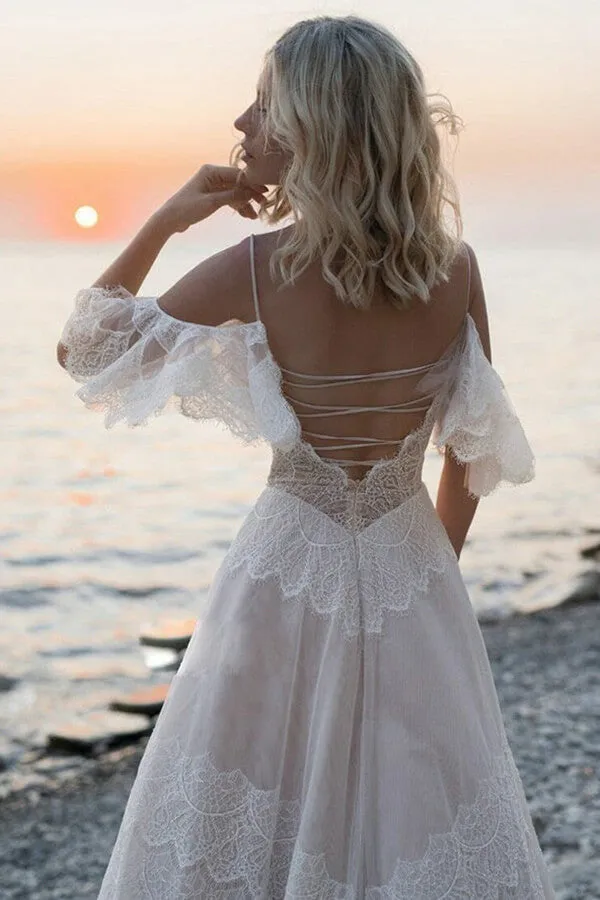 Bohemian Tulle Lace Off-the-Shoulder Beach Wedding Dresses, Bridal Gown, MW687