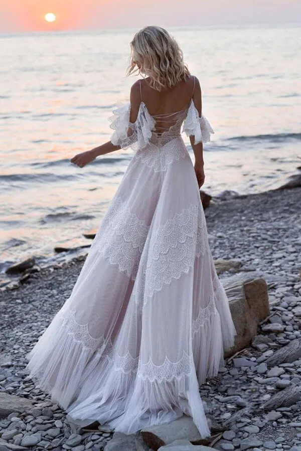 Bohemian Tulle Lace Off-the-Shoulder Beach Wedding Dresses, Bridal Gown, MW687