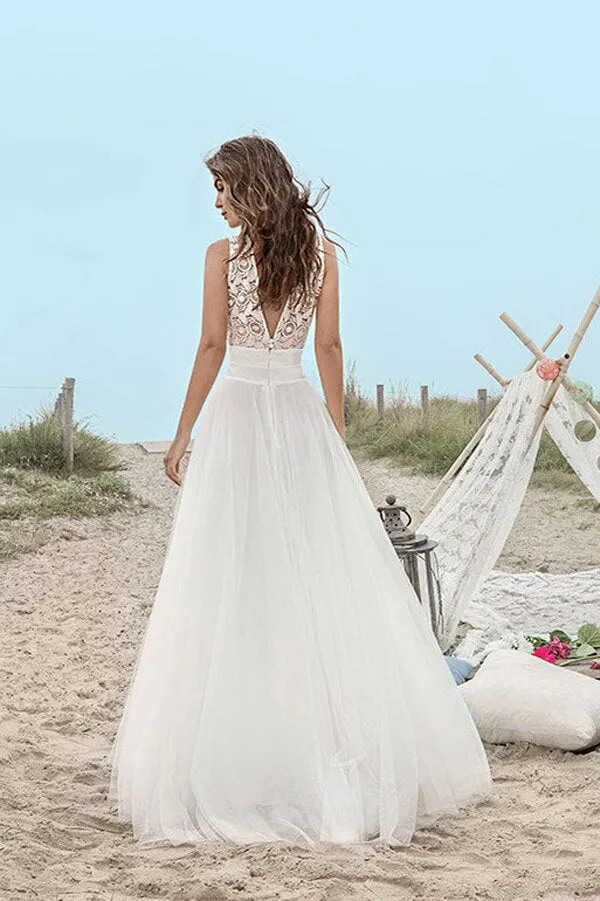 Boho Tulle Lace A-line V-neck Floor Length Beach Wedding Dresses, MW673