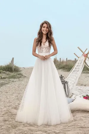 Boho Tulle Lace A-line V-neck Floor Length Beach Wedding Dresses, MW673