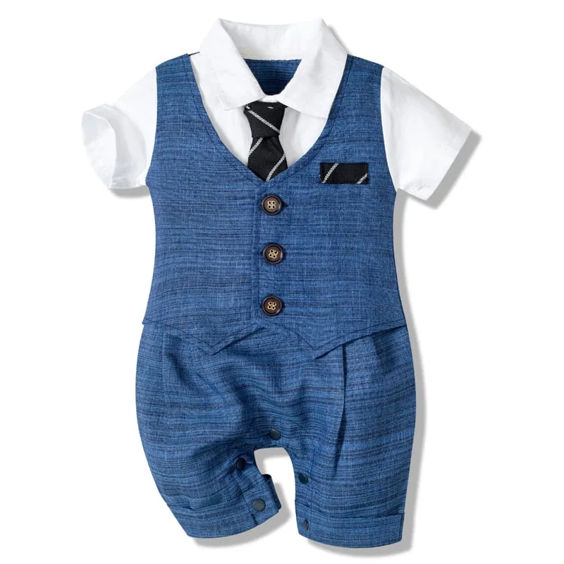Boys' Summer Cotton Party Suit with Buttons and Tie - Patchwork, Striped