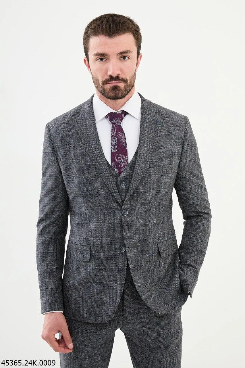 Brabion Diego Dark Blue 3 Piece Glen Plaid Wool Suit
