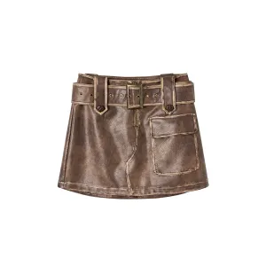 Brown Distressed Leather Skirt - Premium Quality