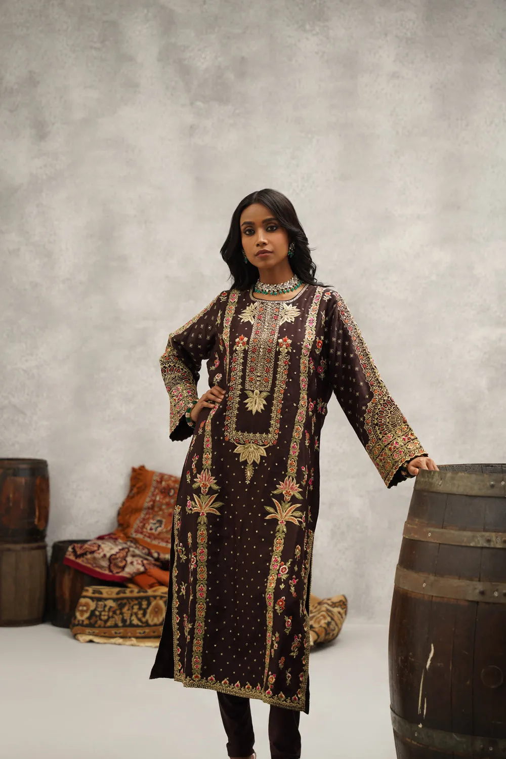 Brown Embroidered Suit Set
